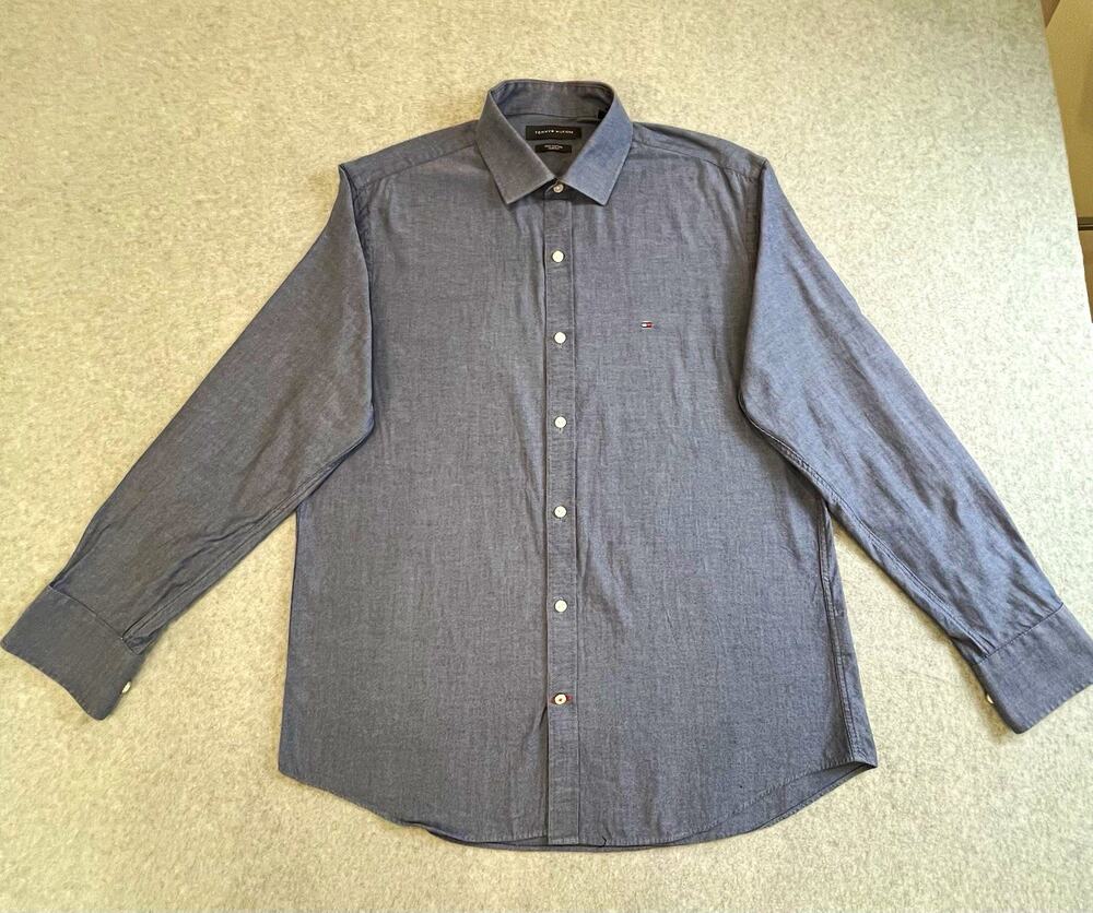 Tommy Hilfiger Slim Fit Blue Solid Cotton Dress Shirt 16 Neck 32/33 Sleeve